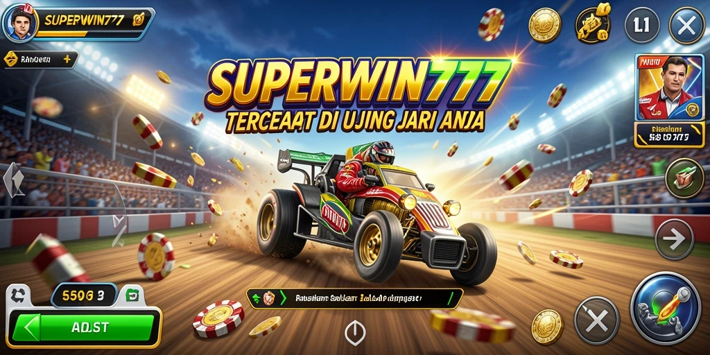 Gameplay balapan SUPERWIN777 dengan mobil cepat dan lintasan yang menantang.
