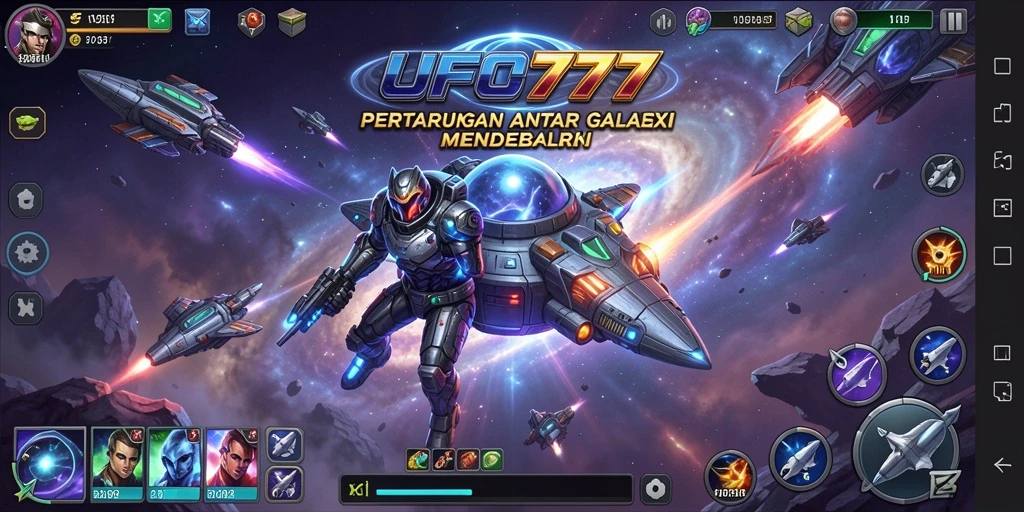 Tampilan screenshot UFO777 memperlihatkan pertarungan seru antara dua karakter di arena luar angkasa.